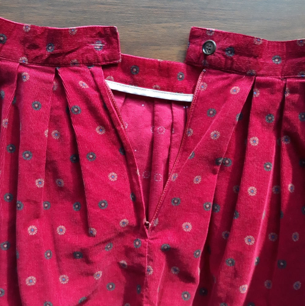 90s Walker & Lane Red Printed Corduroy Midi Skirt Size 8 Cotton Cottagecore - Picture 7 of 9